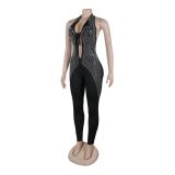 Black Halter Deep V Neck Rhinestones Bodycon Lace Up Sexy Jumpsuits