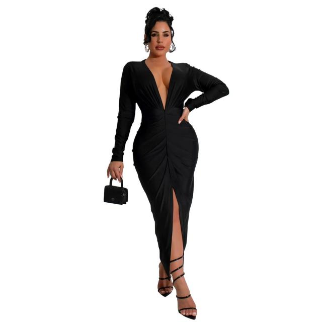 Black Deep V Neck Long Sleeve Pleated Party Office Midi Dress