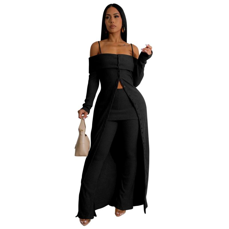Black Off Shoulder Straps Cotton Striped Tops Wide Leg Fashion Casual Women Pant Sets
