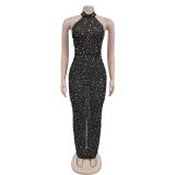 Black Halter Backless Mesh Rhinestones Bodycon See Through Elegant Dress