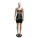 Black Straps Low Cut Mesh Diamonds See Through Sexy Party Dress