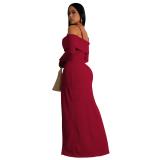 Claret Off Shoulder Straps Cotton Striped Tops Wide Leg Fashion Casual Women Pant Sets