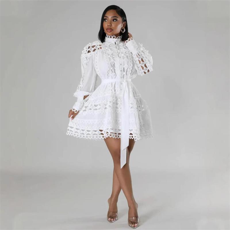 White Hollow Out Embroidery Long Sleeve Fashion Lacy Luxury Skirt Dress