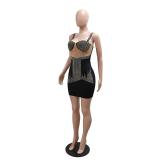 Black Straps Low Cut Mesh Diamonds See Through Sexy Party Dress