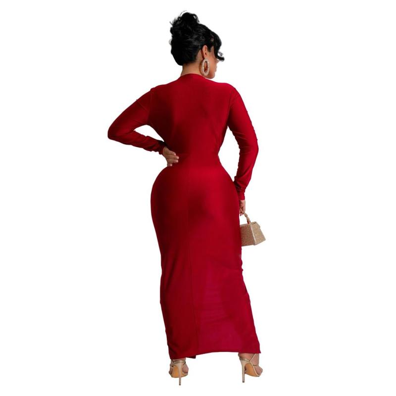 Red Deep V Neck Long Sleeve Pleated Party Office Midi Dress