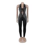Black Halter Deep V Neck Rhinestones Bodycon Lace Up Sexy Jumpsuits