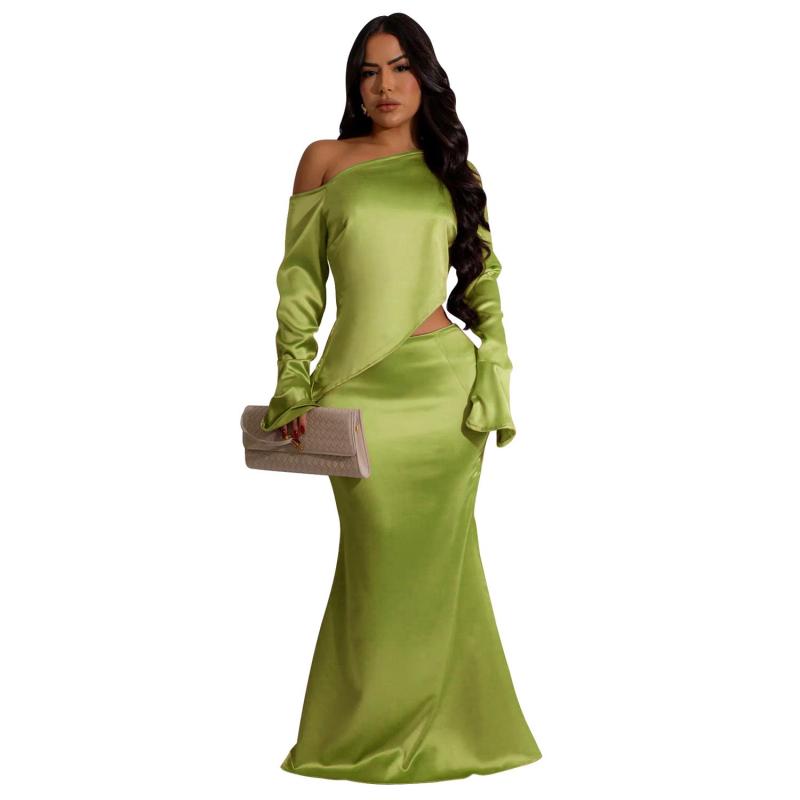 Green Sloping Shoulders Long Sleeve Irregular Two Pieces Luxury Women Skirt Sets Dress