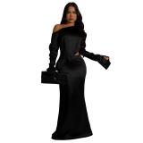 Black Sloping Shoulders Long Sleeve Irregular Two Pieces Luxury Women Skirt Sets Dress