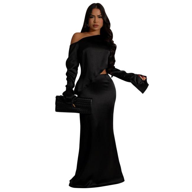 Black Sloping Shoulders Long Sleeve Irregular Two Pieces Luxury Women Skirt Sets Dress