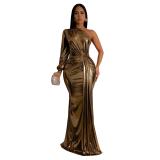 Gold Sloping Shoulders One Sleeve Gilding  Elegant Party Evening Gowns Long Dress