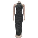 Black Halter Neck Backless Rhinestones Bodycon Party Prom Maxi Dress