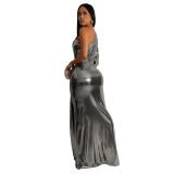 Gray Sloping Shoulders One Sleeve Gilding Elegant Party Evening Gowns Long Dress