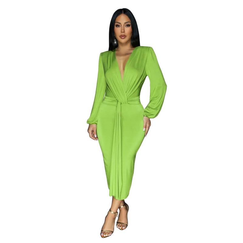 Green Long Sleeve Deep V Neck Pleated Solid Party Office Lady Midi Dress