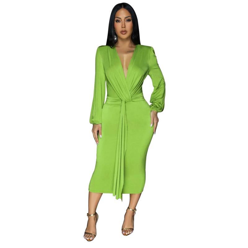 Green Long Sleeve Deep V Neck Pleated Solid Party Office Lady Midi Dress