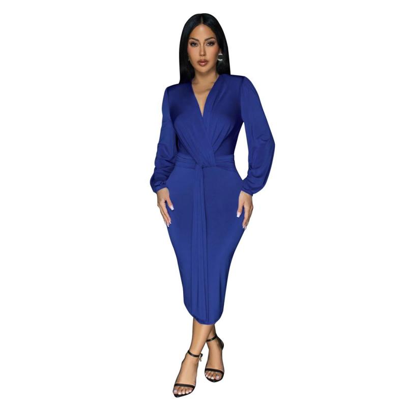 Blue Long Sleeve Deep V Neck Pleated Solid Party Office Lady Midi Dress