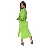 Green Long Sleeve Deep V Neck Pleated Solid Party Office Lady Midi Dress