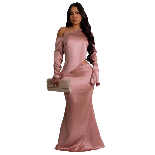 Pink Sloping Shoulders Long Sleeve Irregular Two Pieces Luxury Women Skirt Sets Dress