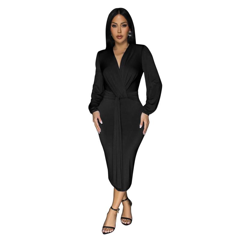 Black Long Sleeve Deep V Neck Pleated Solid Party Office Lady Midi Dress