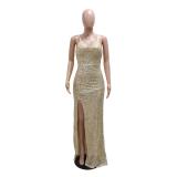 Black Straps Sequins V Neck Pleated Party Gowns Evening Maxi Dress