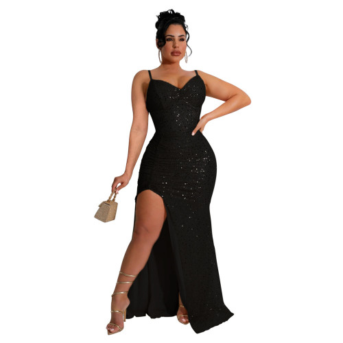 Black Straps Sequins V Neck Pleated Party Gowns Evening Maxi Dress