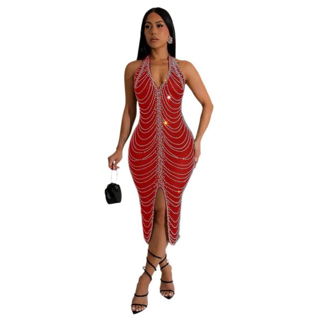 Red Deep V Neck Sleeveless Mesh See Through Rhinestone Luxury Midi Dress