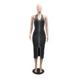 Black Deep V Neck Sleeveless Mesh See Through Rhinestone Luxury Midi Dress
