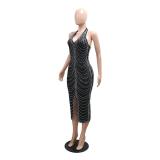 Black Deep V Neck Sleeveless Mesh See Through Rhinestone Luxury Midi Dress