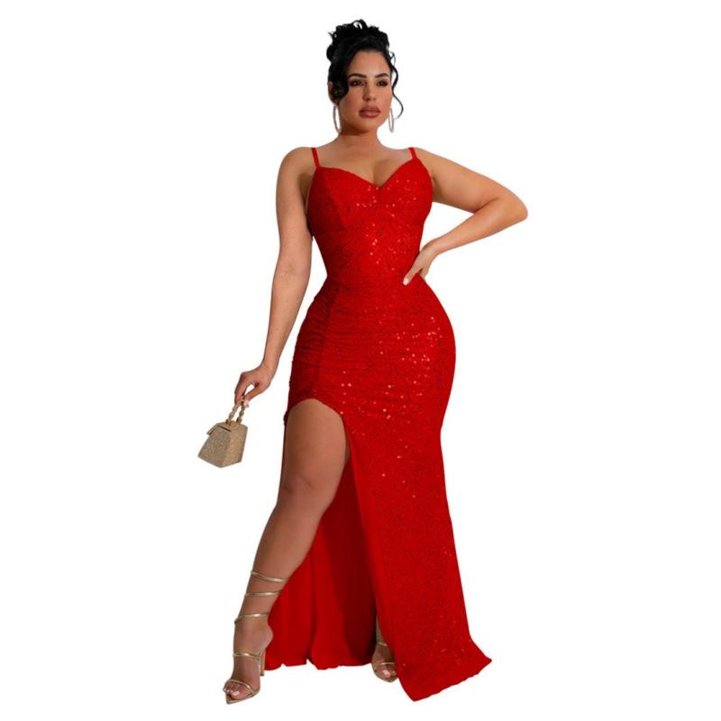 Red Straps Sequins V Neck Pleated Party Gowns Evening Maxi Dress