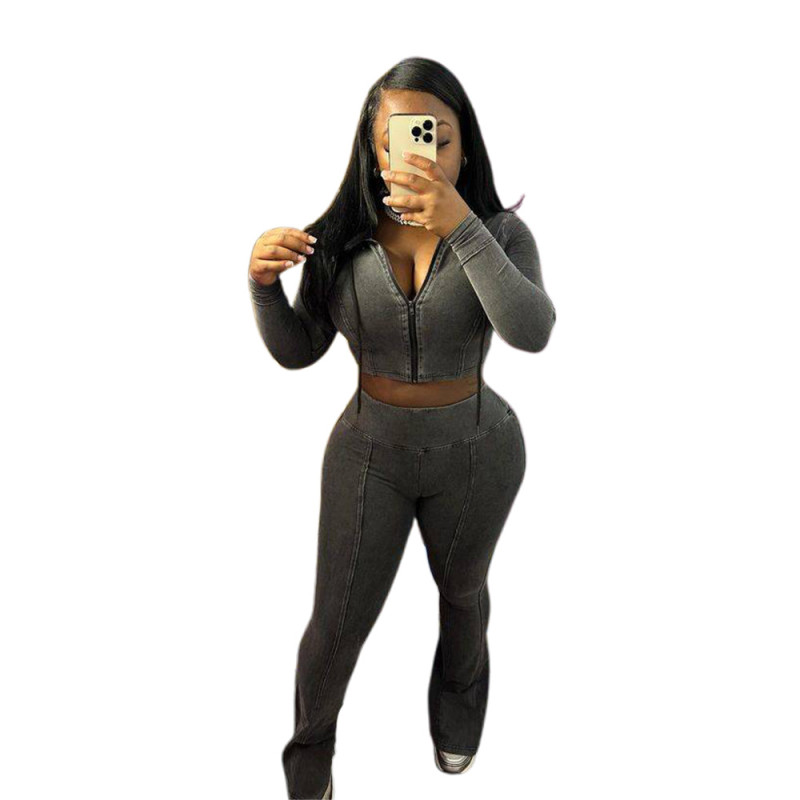 DarkGray Cotton Zipper Long Sleeve Crop Tops Washed Jeans Street Wear Pant Sets