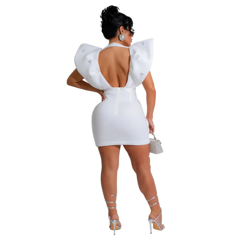 White Deep V Neck Diamonds Pleated Fashion Women Club Party Mini Dress