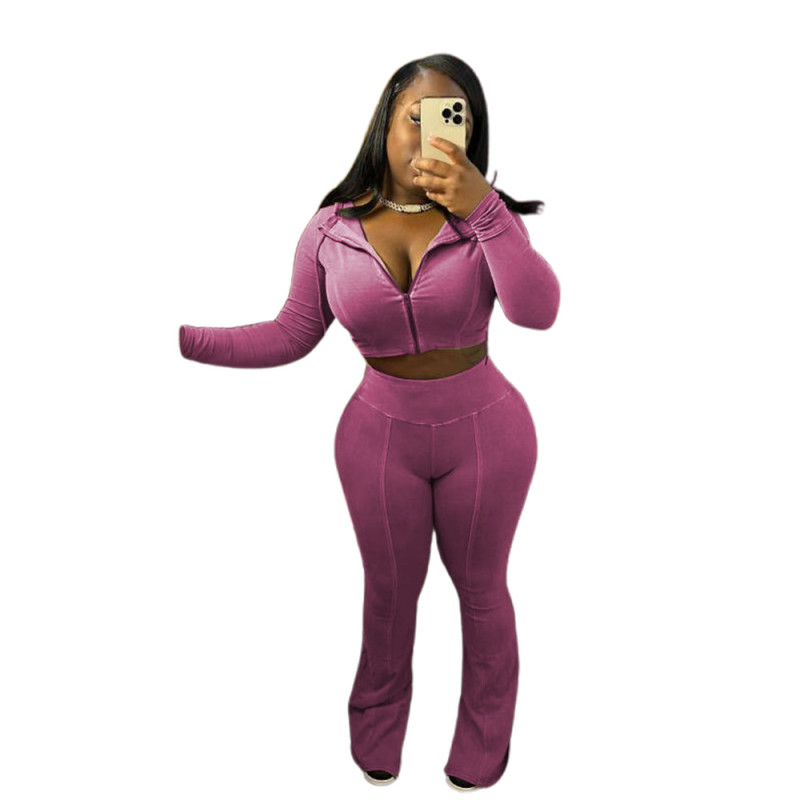 Pink Cotton Zipper Long Sleeve Crop Tops Washed Jeans Street Wear Pant Sets