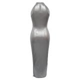 Silver O Neck Pleated Sleeveless Gilding Snatched Knot Bandage Party Maxi Dress