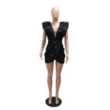Black Deep V Neck Diamonds Pleated Fashion Women Club Party Mini Dress