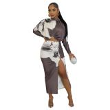 Gray Long Sleeve Crop Tops Printed High Slit Midi Skirt Sets