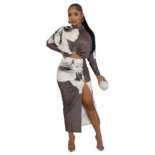 Gray Long Sleeve Crop Tops Printed High Slit Midi Skirt Sets