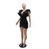 Black Deep V Neck Diamonds Pleated Fashion Women Club Party Mini Dress