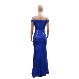 Blue Off Shoulder Low Cut Mesh V Neck Sequined Pleated Bodycon Hight Slit Evening Formal Dress