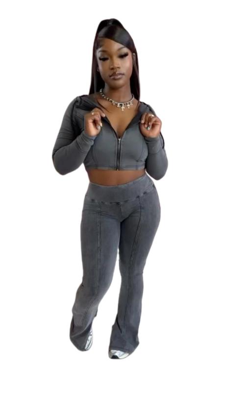 DarkGray Cotton Zipper Long Sleeve Crop Tops Washed Jeans Street Wear Pant Sets