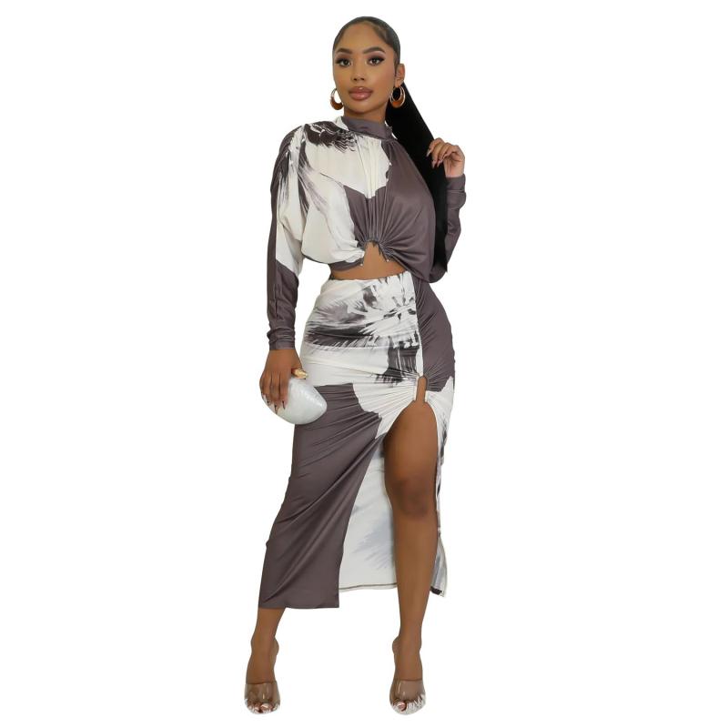 Gray Long Sleeve Crop Tops Printed High Slit Midi Skirt Sets