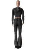 DarkGray Cotton Zipper Long Sleeve Crop Tops Washed Jeans Street Wear Pant Sets