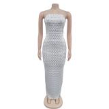 White Off Shoulder Mesh Rhinestones Bodycon Evening Party Formal Midi Dress