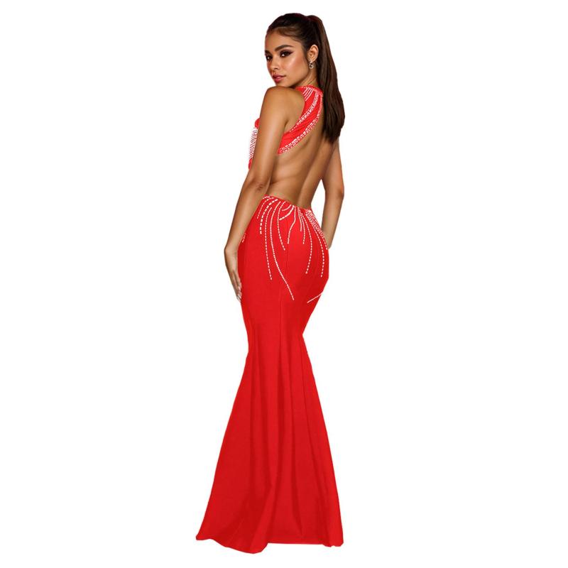 Red Sleeveless Rhinestones Elegant Women Evening Prom Maxi Dress
