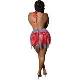 Red Deep V Neck Sleeveless Rhinestones Tassels Sexy Party Clubwear Rompers