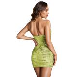 Green Off Shoulder Elegant Diamonds Zipper Backless Party Dance Mini Dress