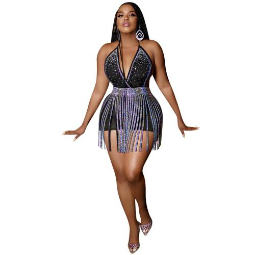 Black Deep V Neck Sleeveless Rhinestones Tassels Sexy Party Clubwear Rompers
