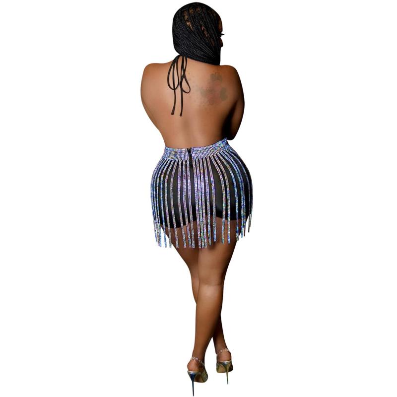 Black Deep V Neck Sleeveless Rhinestones Tassels Sexy Party Clubwear Rompers
