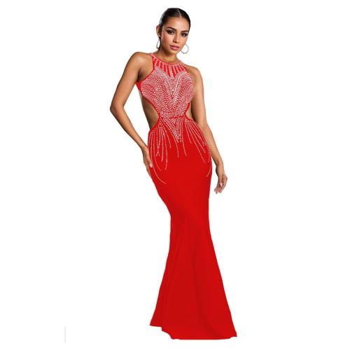 Red Sleeveless Rhinestones Elegant Women Evening Prom Maxi Dress