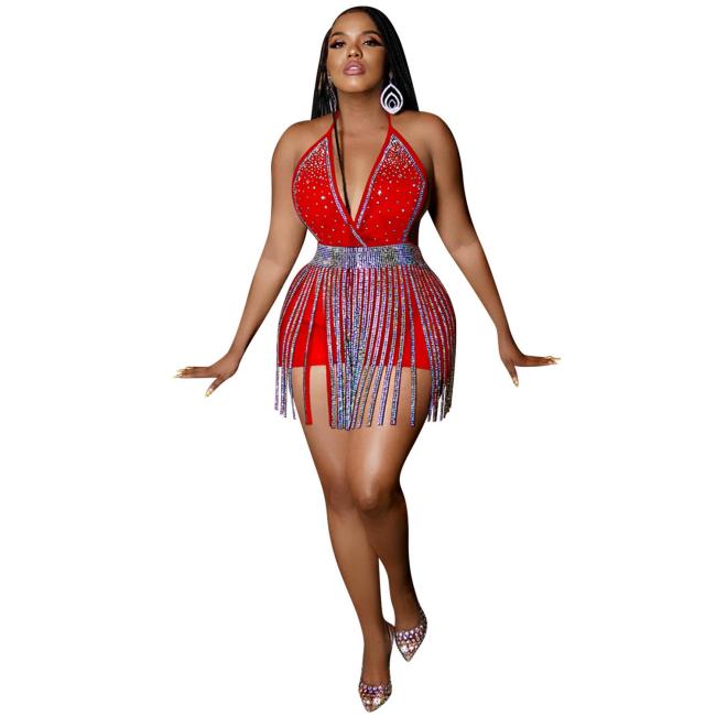 Red Deep V Neck Sleeveless Rhinestones Tassels Sexy Party Clubwear Rompers