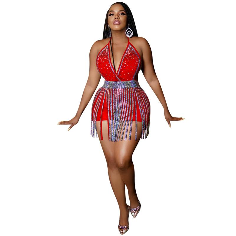 Red Deep V Neck Sleeveless Rhinestones Tassels Sexy Party Clubwear Rompers