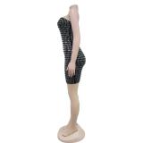 Black Off Shoulder Elegant Diamonds Zipper Backless Party Dance Mini Dress